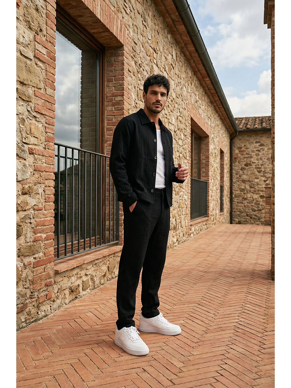 Siyah Talbot Premium Keten Desenli Düğmeli Ceket Pantolon Erkek Takım Relax Kalıp-2