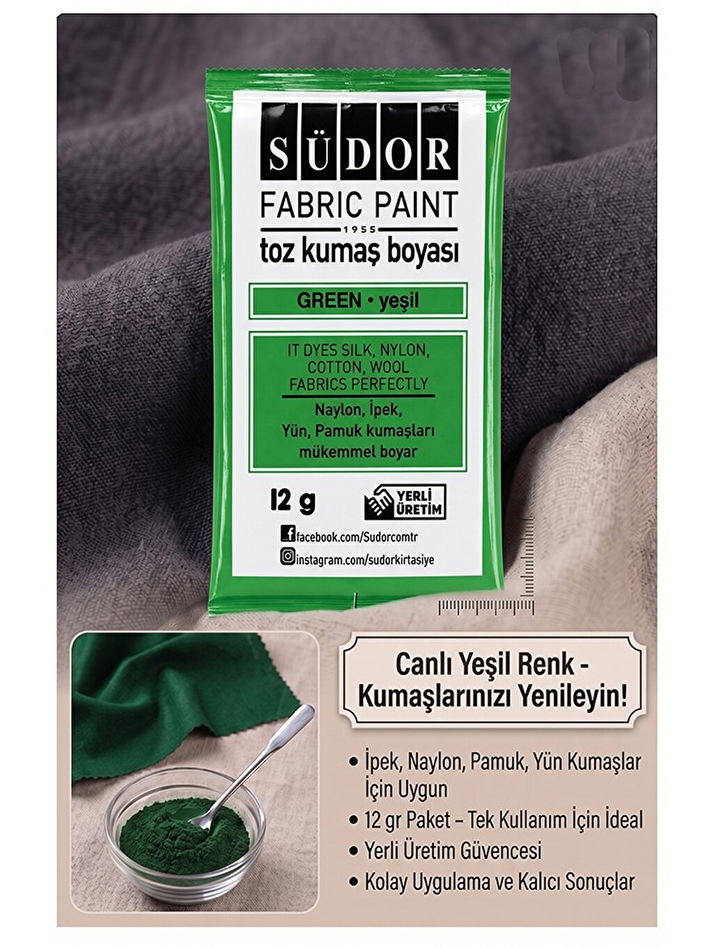 Yeşil Kumaş Boyası Toz 12 Gr 1 Adet Südor Toz Kumaş Boyası Jean Pantalon Gömlek Tişört Tekstil Kumaş