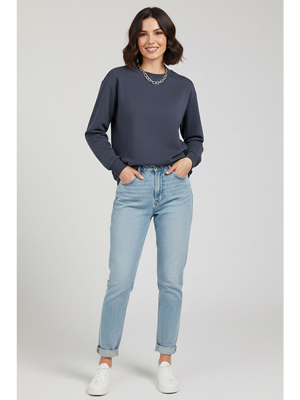 Gri Kadın Bisiklet Yaka Oversize Sweatshirt Füme - 27955-FUME-1