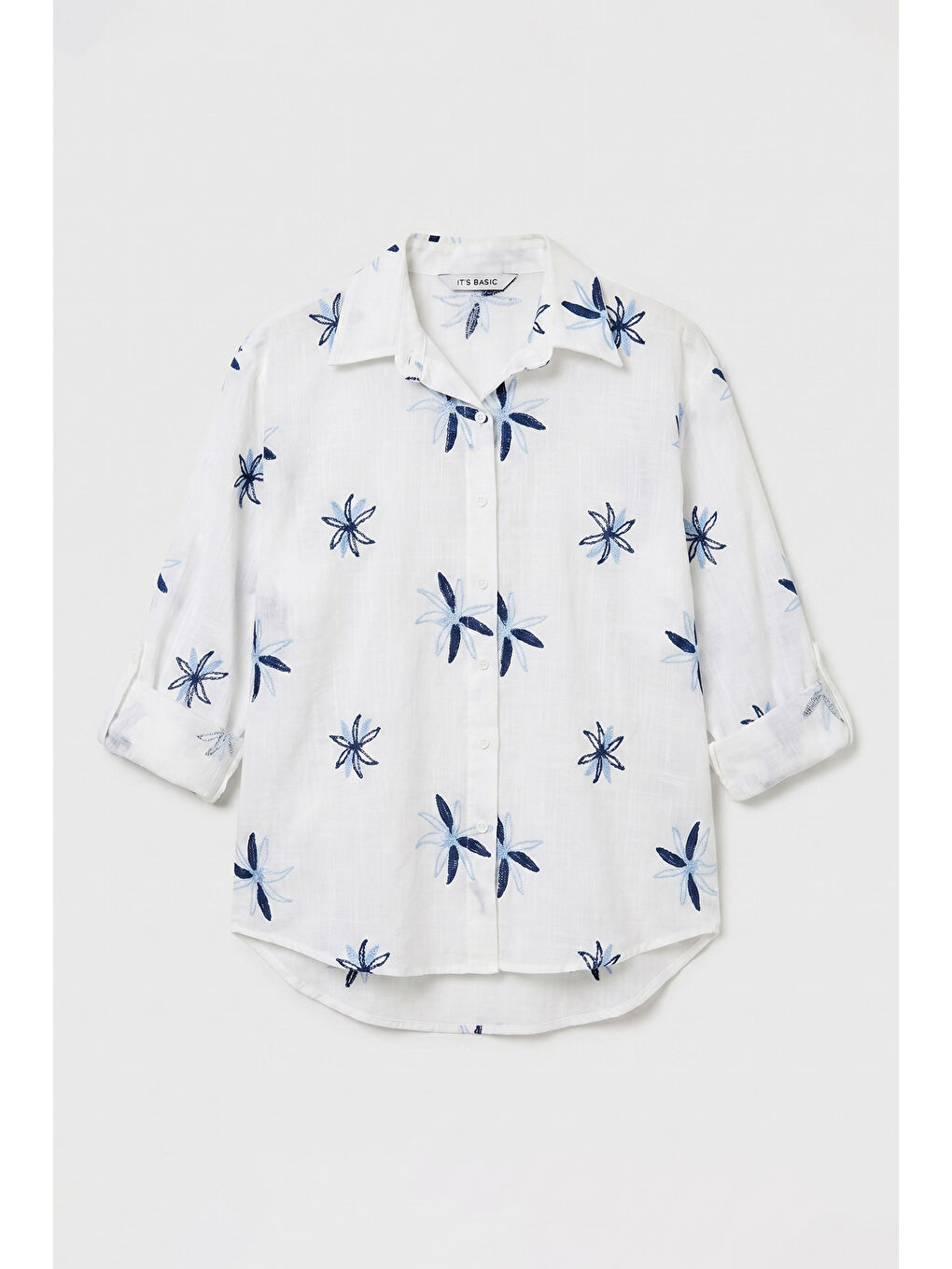 Kadın Beyaz Mavi s6-103 Oversize Nakışlı Gömlek-3