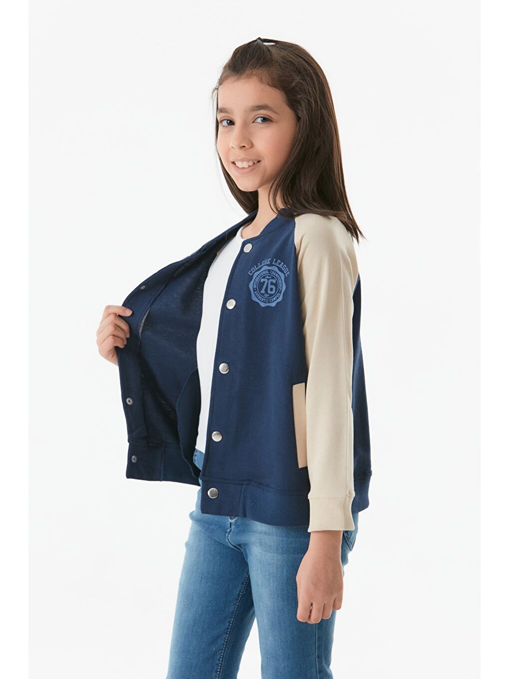 Lacivert Baskılı Dik Yaka Kız Çocuk Kolej Ceket-1
