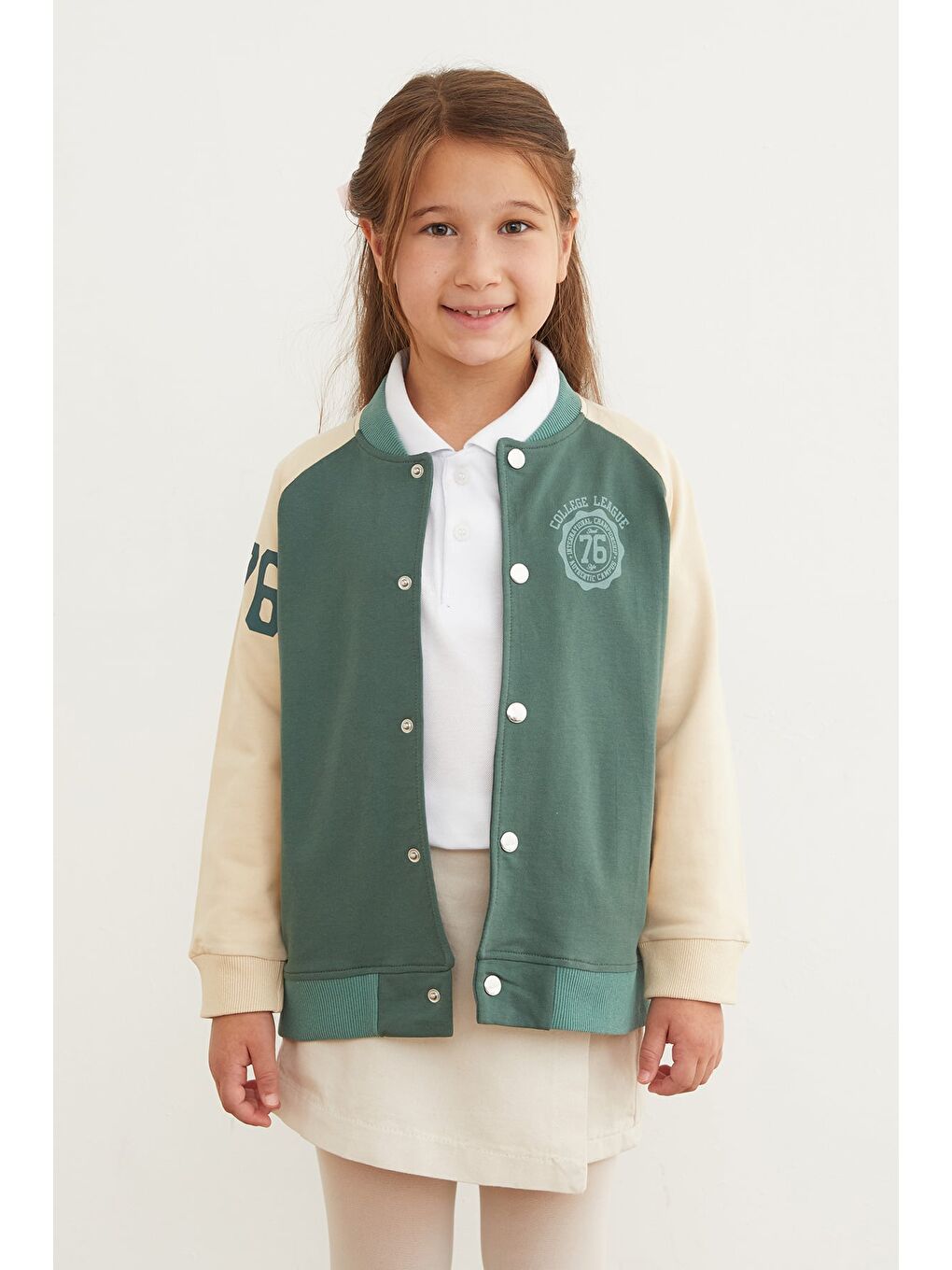 Haki Baskılı Dik Yaka Kız Çocuk Kolej Ceket