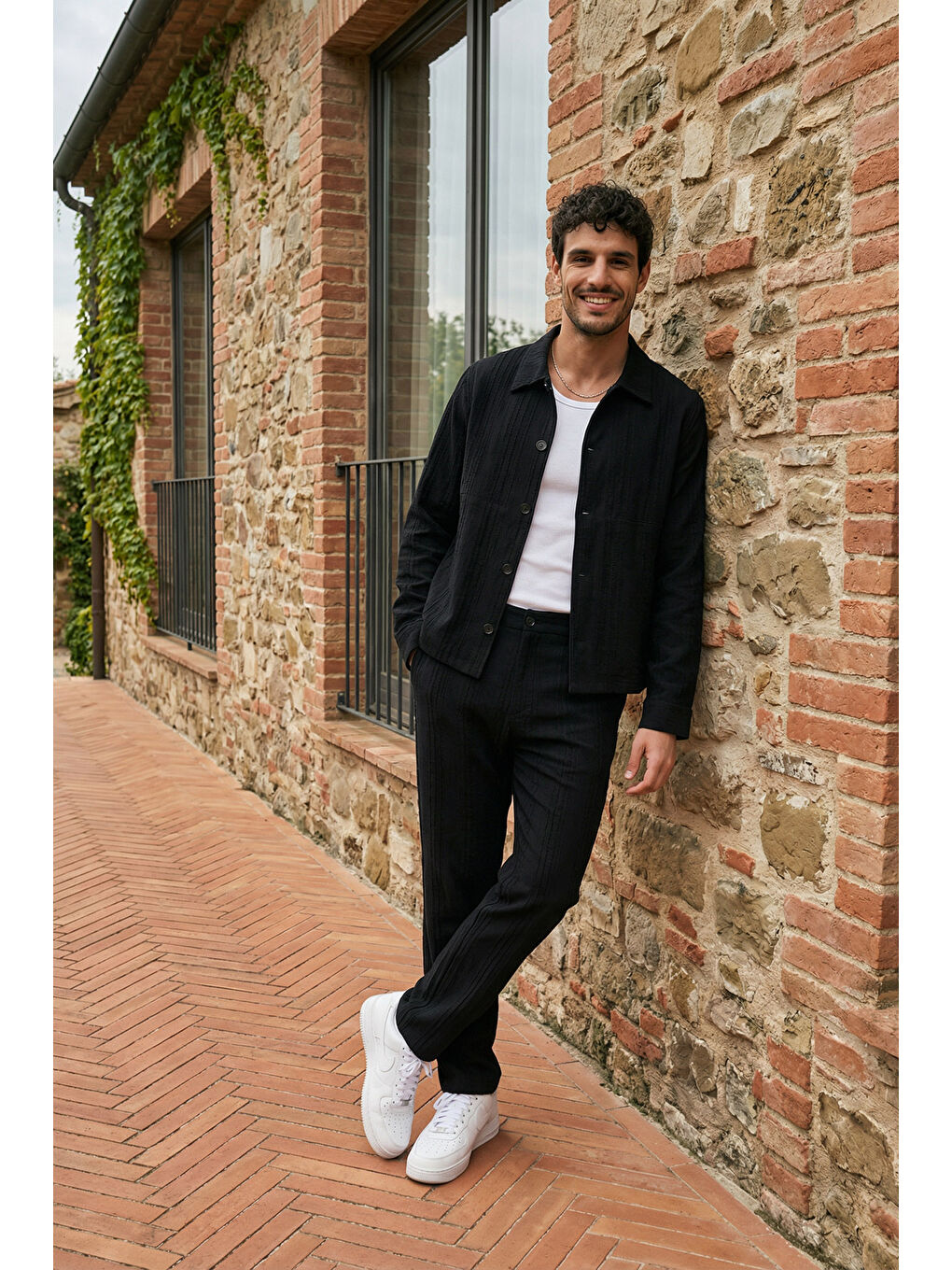 Siyah Talbot Premium Keten Desenli Düğmeli Ceket Pantolon Erkek Takım Relax Kalıp-3