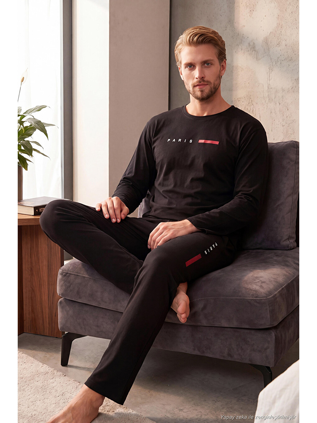 Siyah Baskılı Pamuklu Uzun Kollu Pijama Takımı 6575006