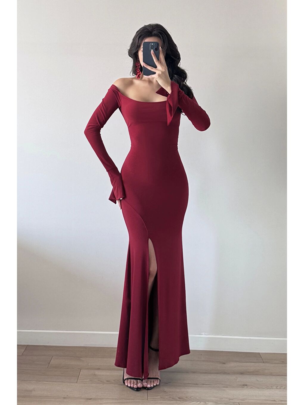 Kadın Bordo Yırtmaçlı Uzun Elbise 1041-2465-3