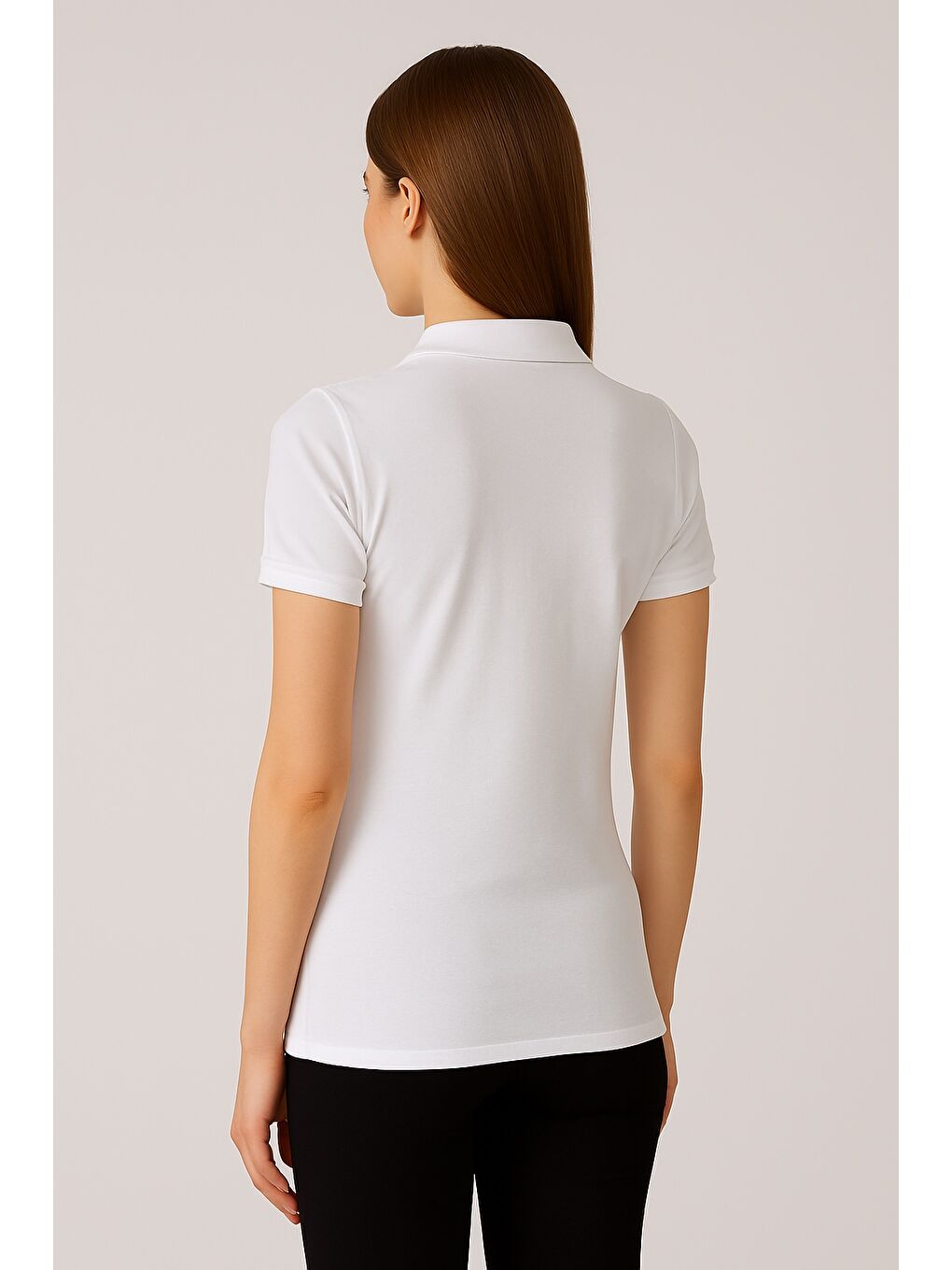Beyaz Kadın Kısa Kollu Slim Fit Basic Polo Yaka Tişört-2