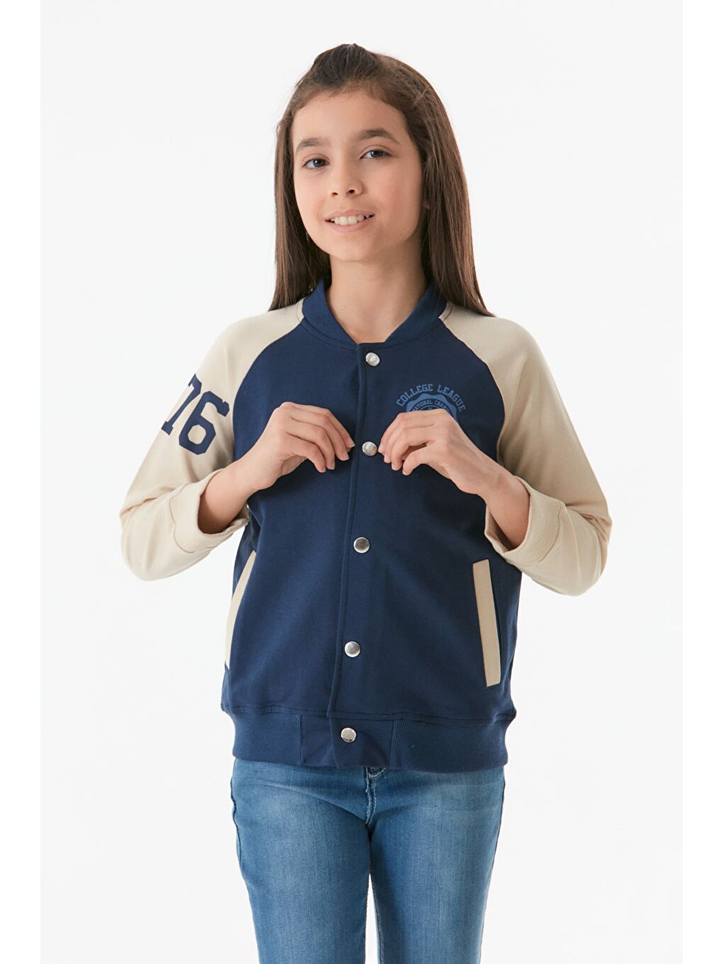 Lacivert Baskılı Dik Yaka Kız Çocuk Kolej Ceket-2