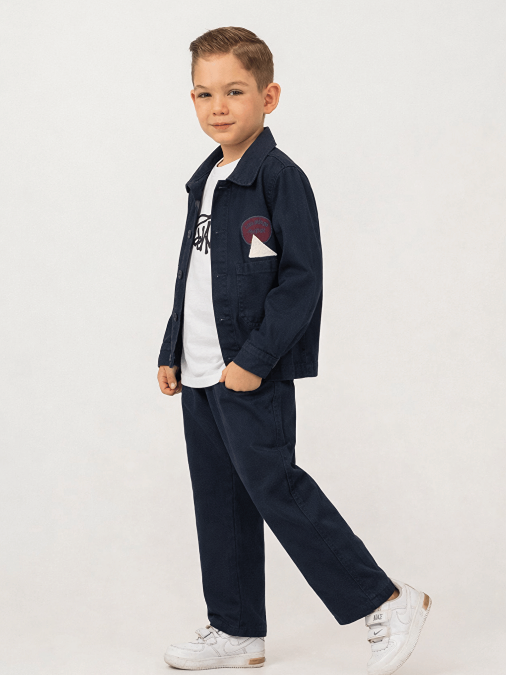 Lacivert Pamuklu Ceket Pantolon Tişörtlü Erkek Çocuk 3lü Jean Takım-2
