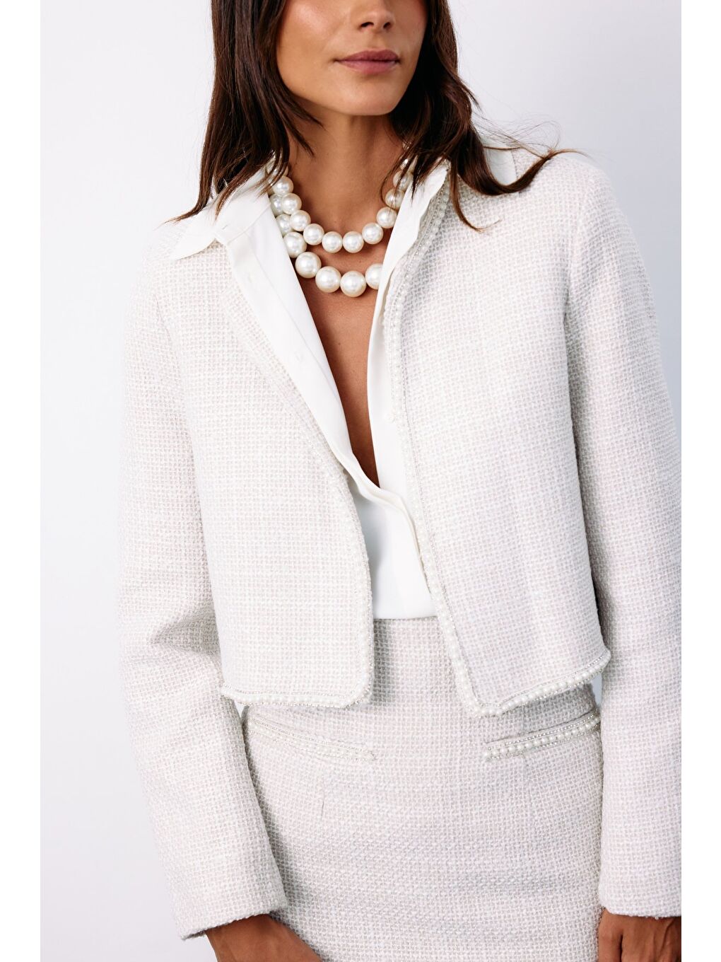 Bej Aksesuar Detaylı Tüvit Ceket - Taş