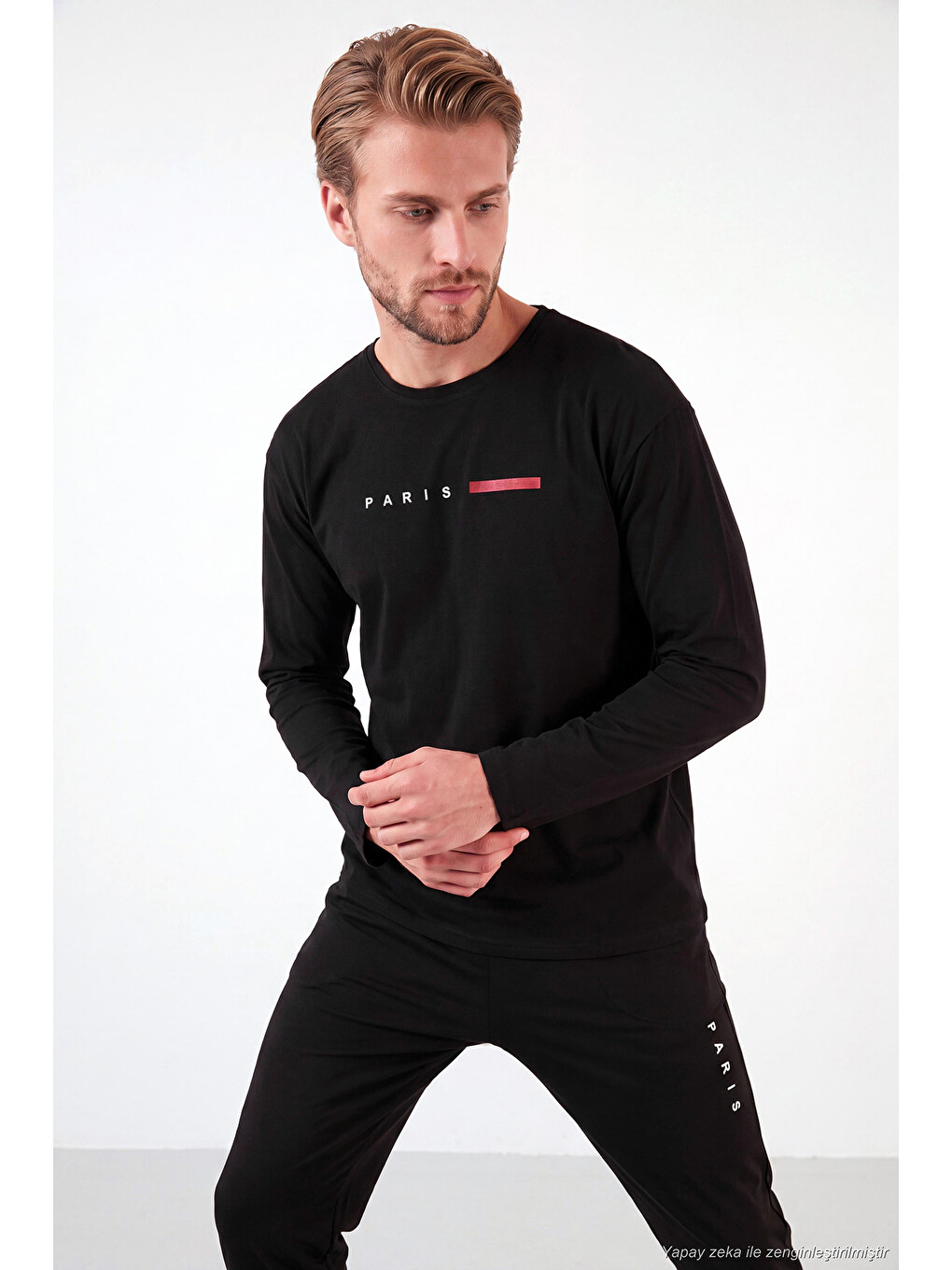 Siyah Baskılı Pamuklu Uzun Kollu Pijama Takımı 6575006-2