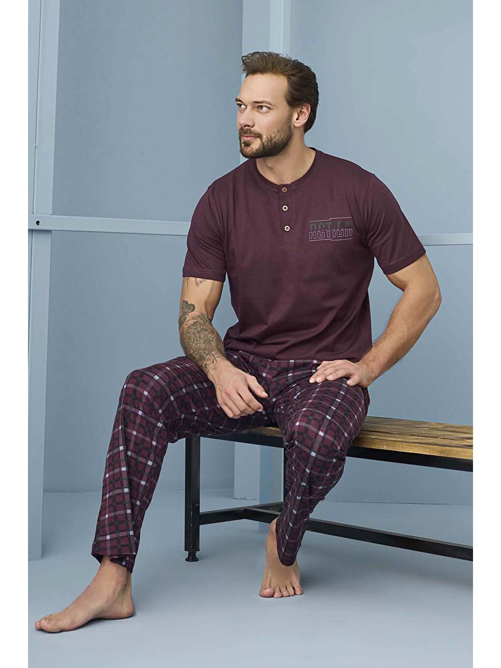 Erkek Kısa Kol Pamuklu Pijama Takımı 7945 Bordo-3