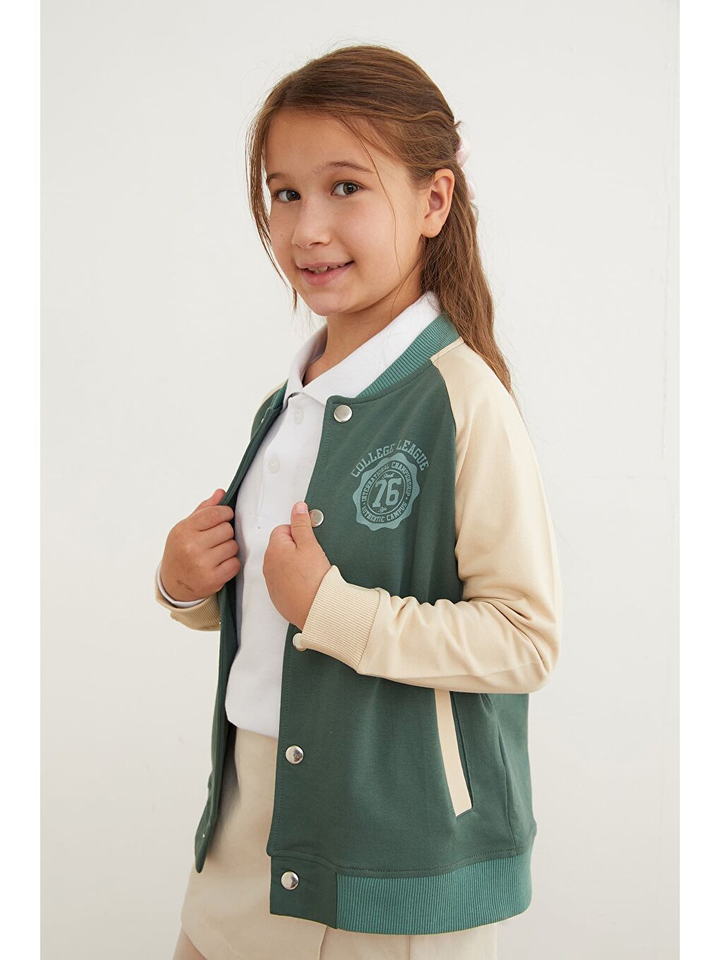 Haki Baskılı Dik Yaka Kız Çocuk Kolej Ceket-1