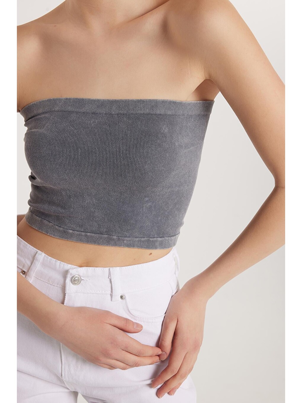 Kadın Slim Fit Pamuklu Straplez Düz Antrasit Bluz-1