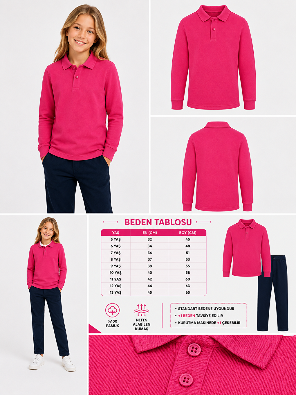 Fuşya Kids Polo Yaka Basic Uzun Kollu Unisex Kız Çocuk Tişört-1