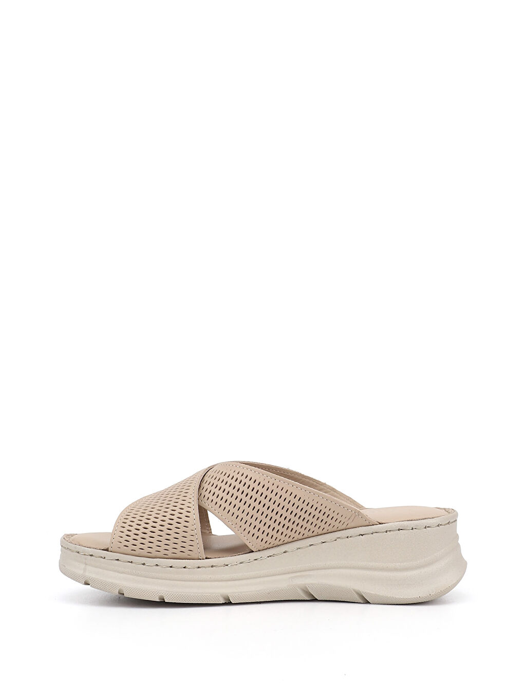 Bej Kadın YENİ BEJ Dolgu Taban Hakiki Deri Terlik-4