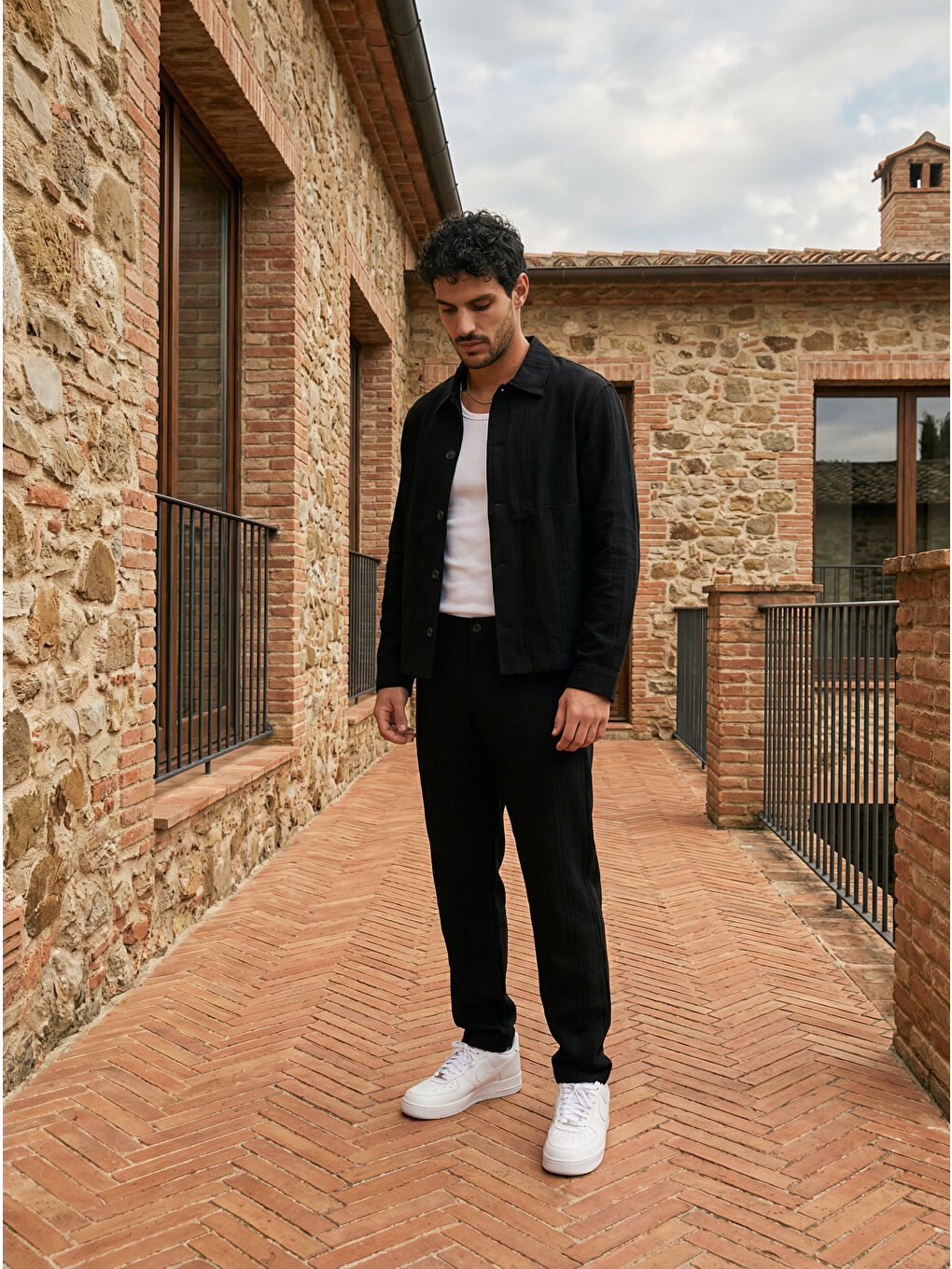 Siyah Talbot Premium Keten Desenli Düğmeli Ceket Pantolon Erkek Takım Relax Kalıp-4