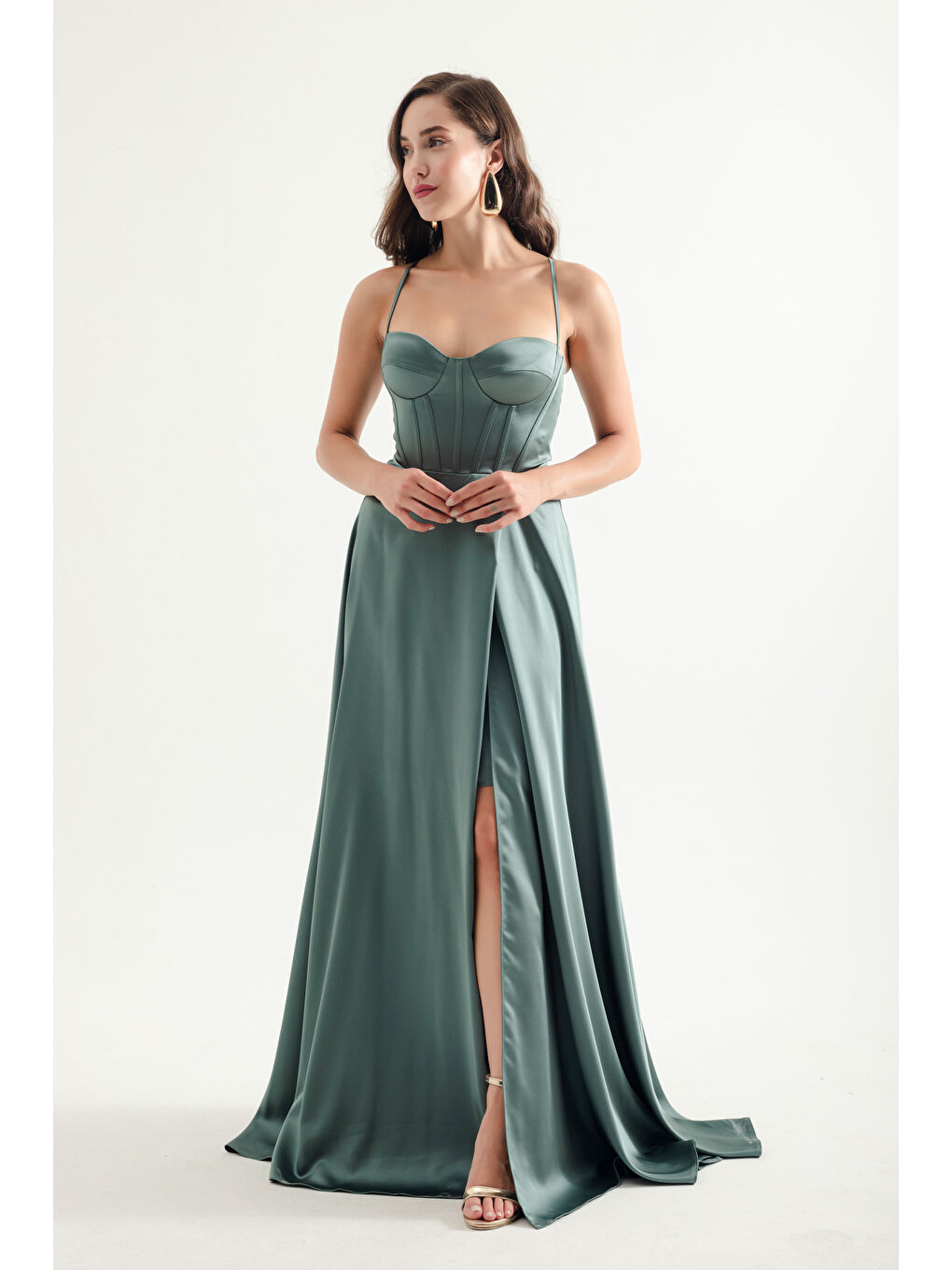 Mavi Kadın Firuze Askılı Uzun Saten Abiye Elbise-1