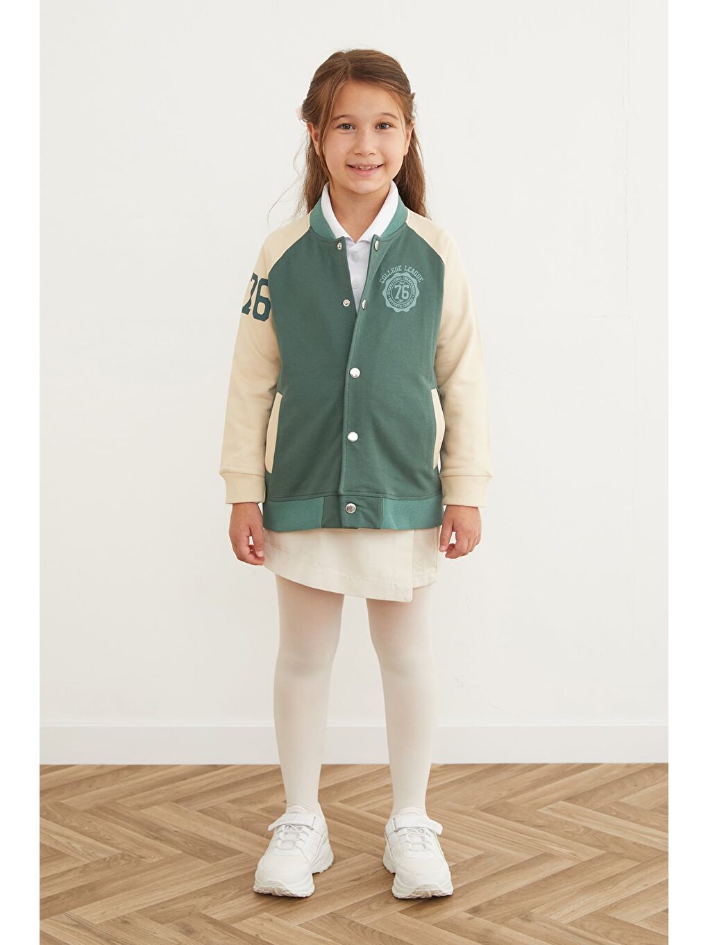 Haki Baskılı Dik Yaka Kız Çocuk Kolej Ceket-2