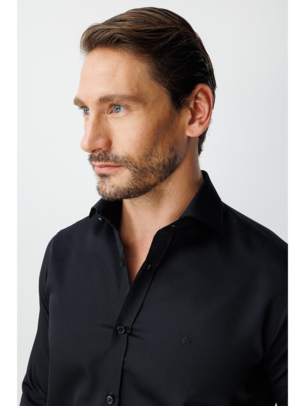 Siyah Slim Fit Dar Kalıp Klasik Yaka Düz Uzun Kollu Cepsiz %100 Pamuk Gömlek-5