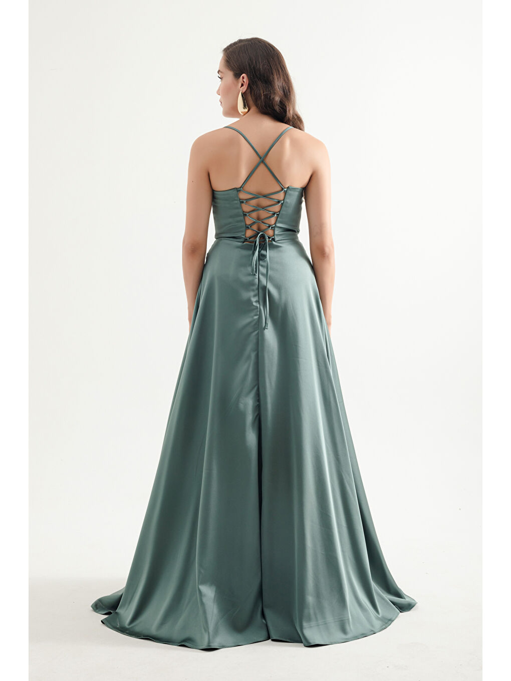 Mavi Kadın Firuze Askılı Uzun Saten Abiye Elbise-4