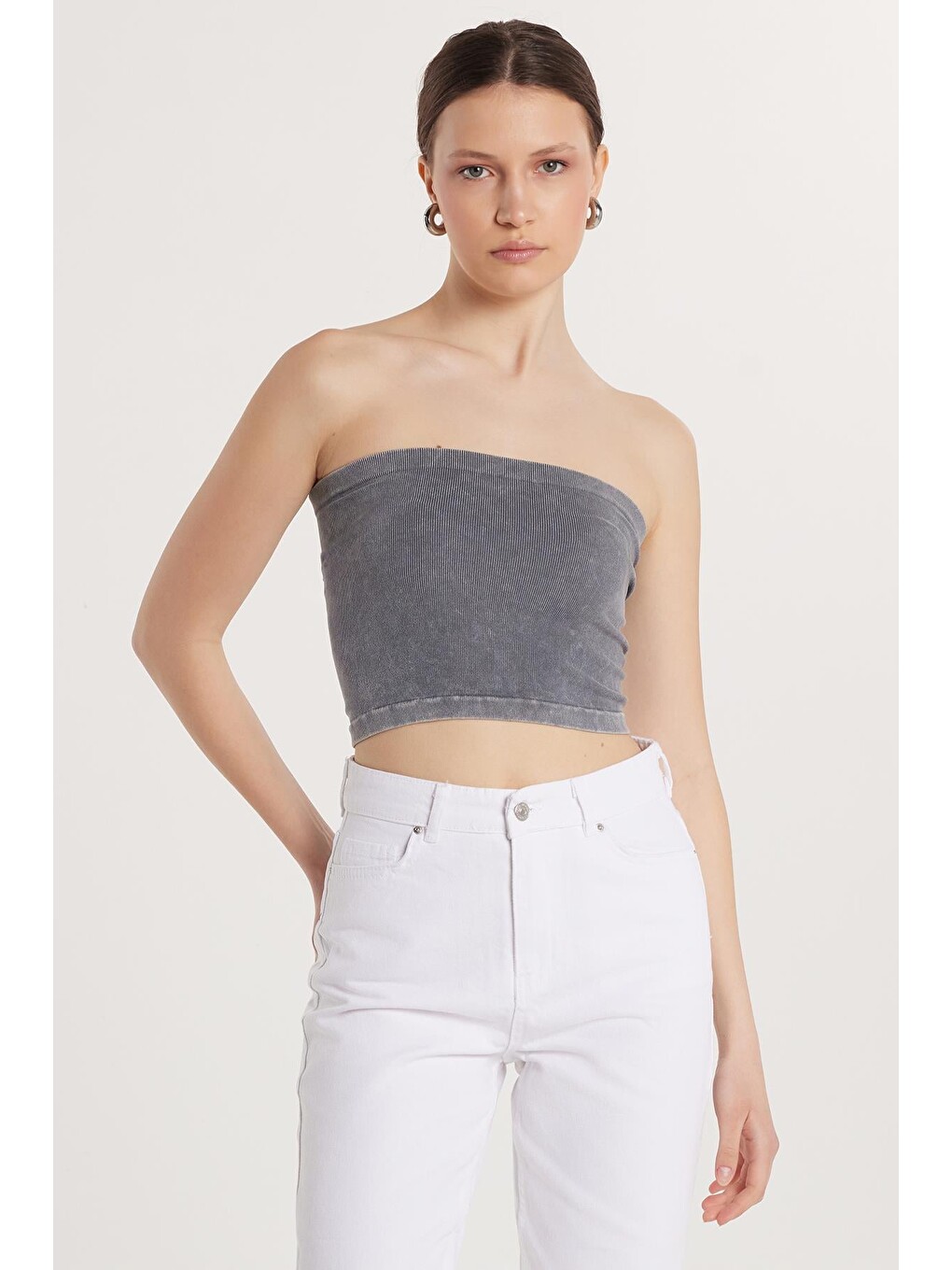 Kadın Slim Fit Pamuklu Straplez Düz Antrasit Bluz-2