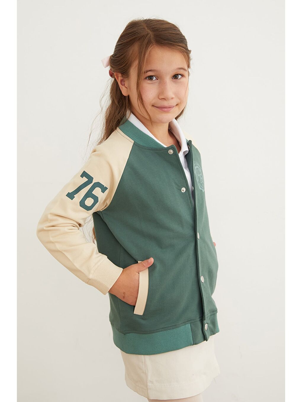 Haki Baskılı Dik Yaka Kız Çocuk Kolej Ceket-3