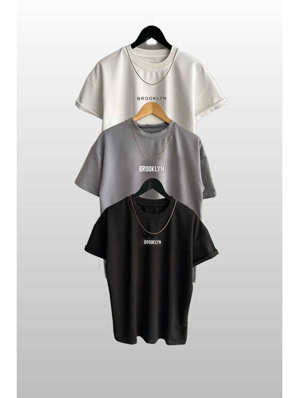 Kadın Brooklyn Baskılı 3lü Paket Siyah Beyaz Gri T Shirt