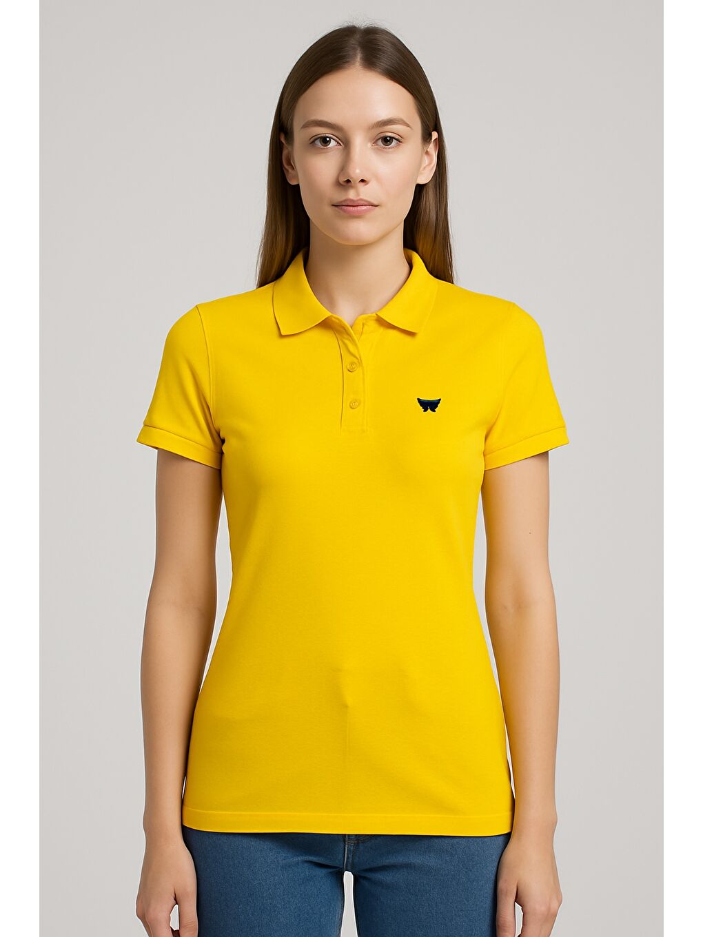 Sarı Kadın Kısa Kollu Slim Fit Basic Polo Yaka Tişört