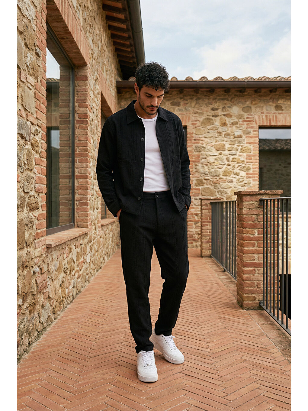 Siyah Talbot Premium Keten Desenli Düğmeli Ceket Pantolon Erkek Takım Relax Kalıp-5