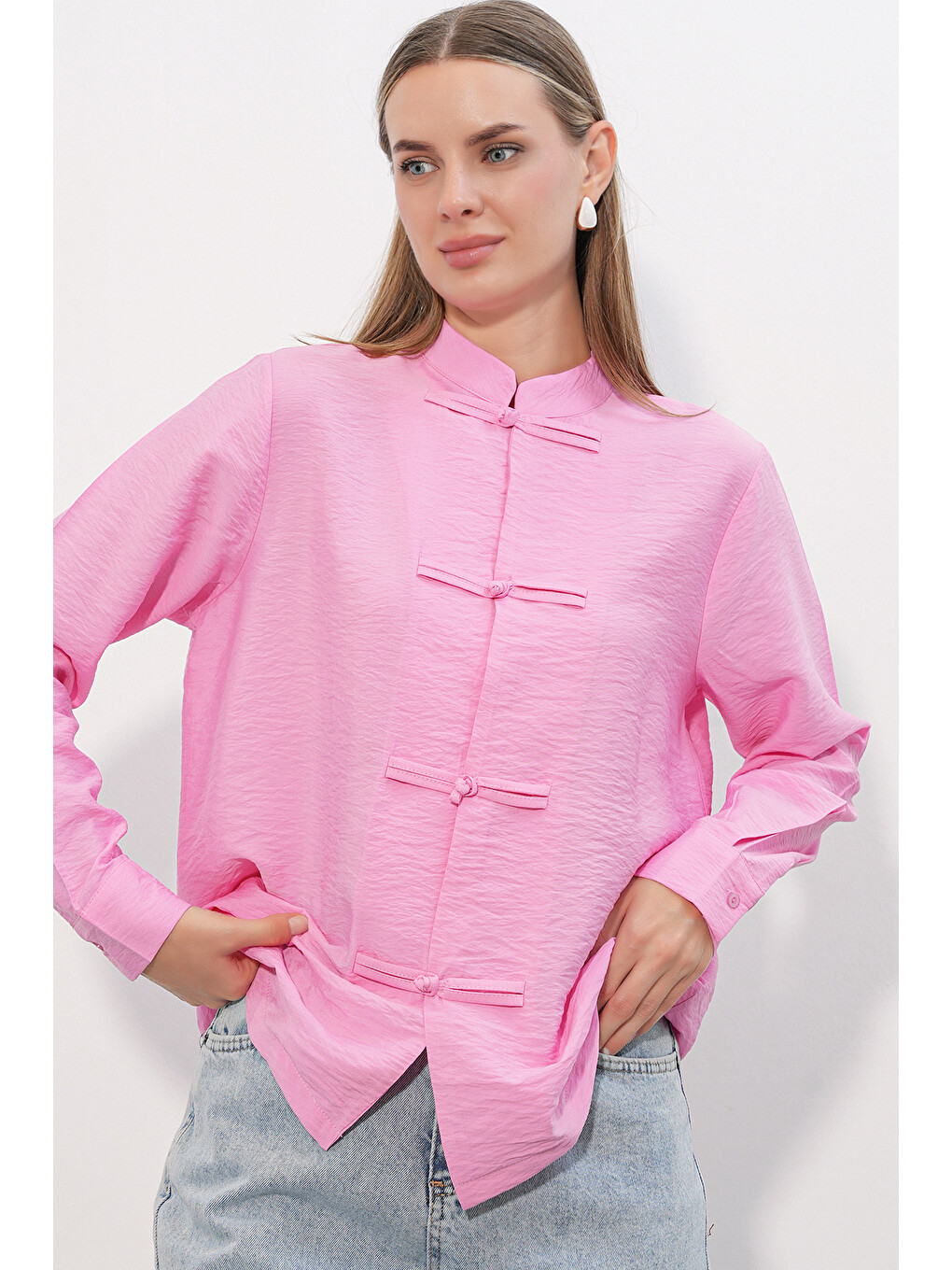Kadın Tasarım Bağcıklı Gömlek 20405 - Pembe-2