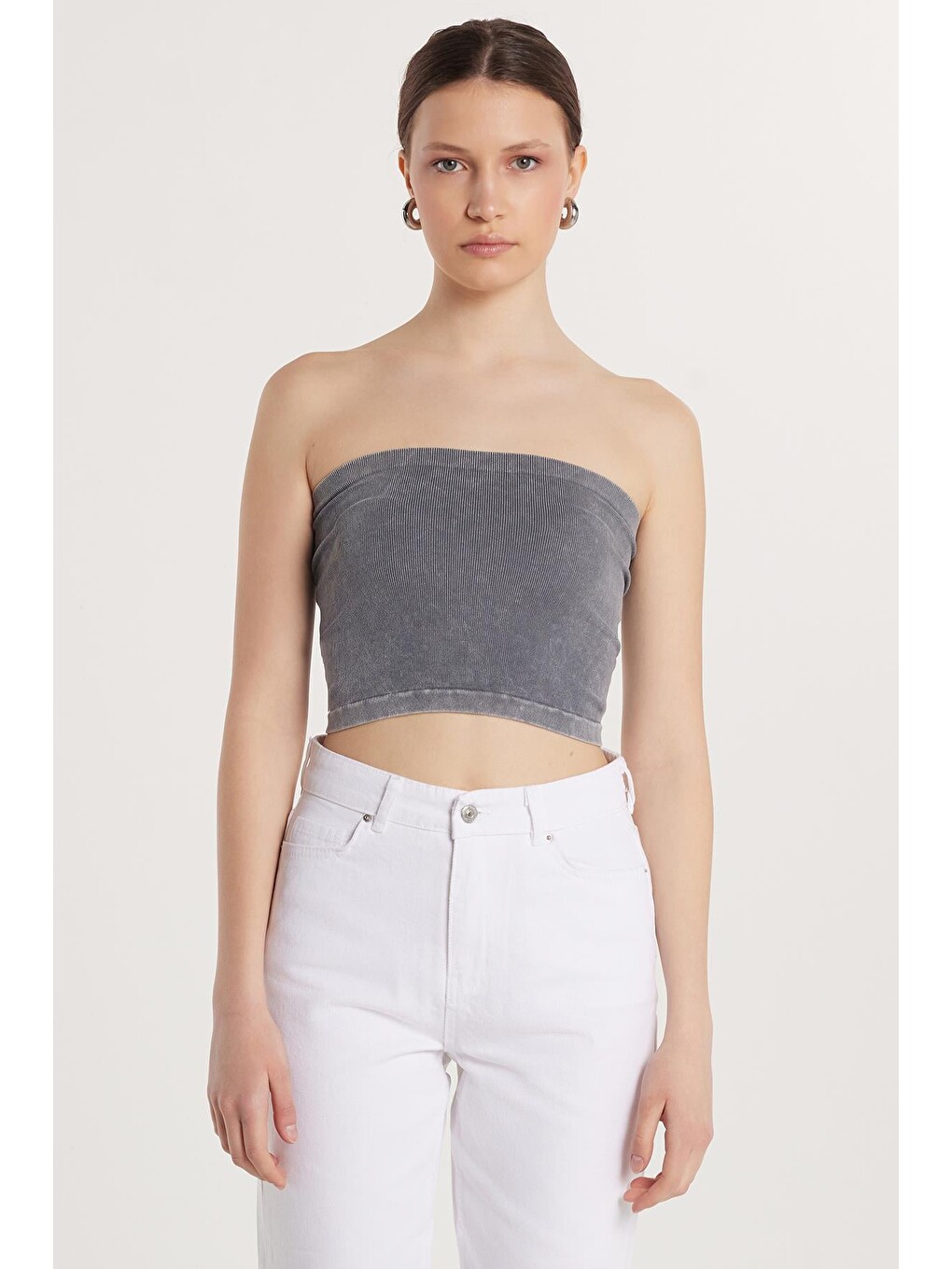 Kadın Slim Fit Pamuklu Straplez Düz Antrasit Bluz-3