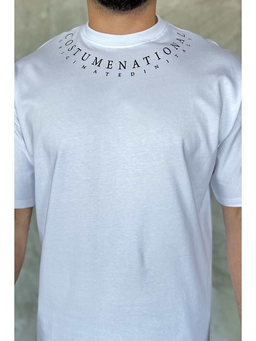 Beyaz Erkek Yaka Baskılı Oversize Tişört-2