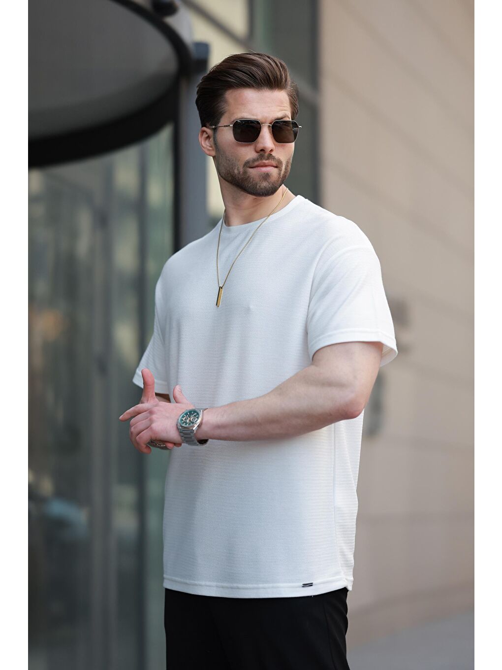 Ekru Basic Bisiklet Yaka Erkek Tişört E7133-1