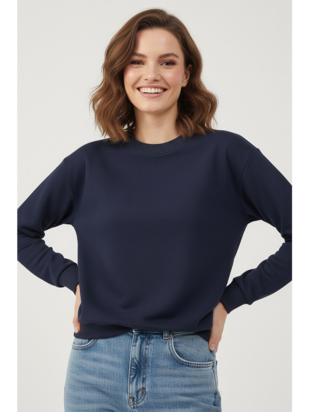 Kadın Bisiklet Yaka Oversize Sweatshirt Lacivert - 27955-LACIVERT
