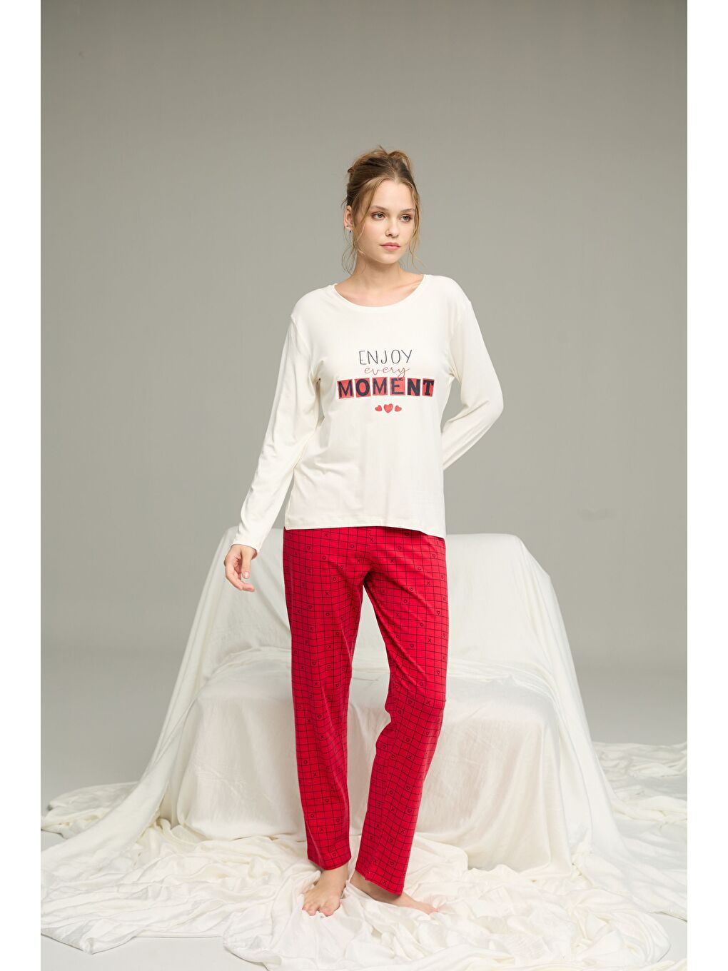 Ekru Desenli Örme Pamuklu Pijama Takım25240207-1