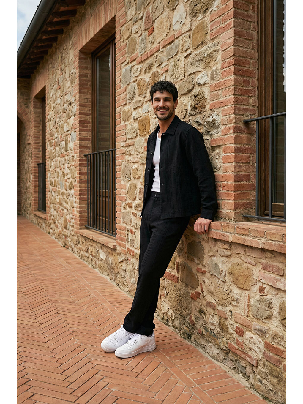 Siyah Talbot Premium Keten Desenli Düğmeli Ceket Pantolon Erkek Takım Relax Kalıp-6