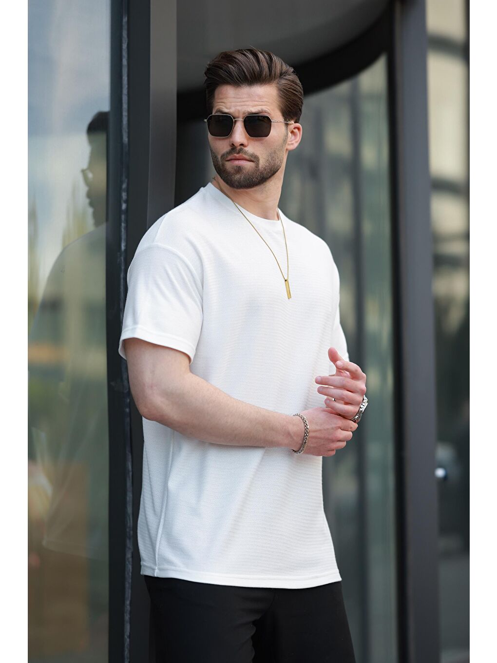 Ekru Basic Bisiklet Yaka Erkek Tişört E7133-2