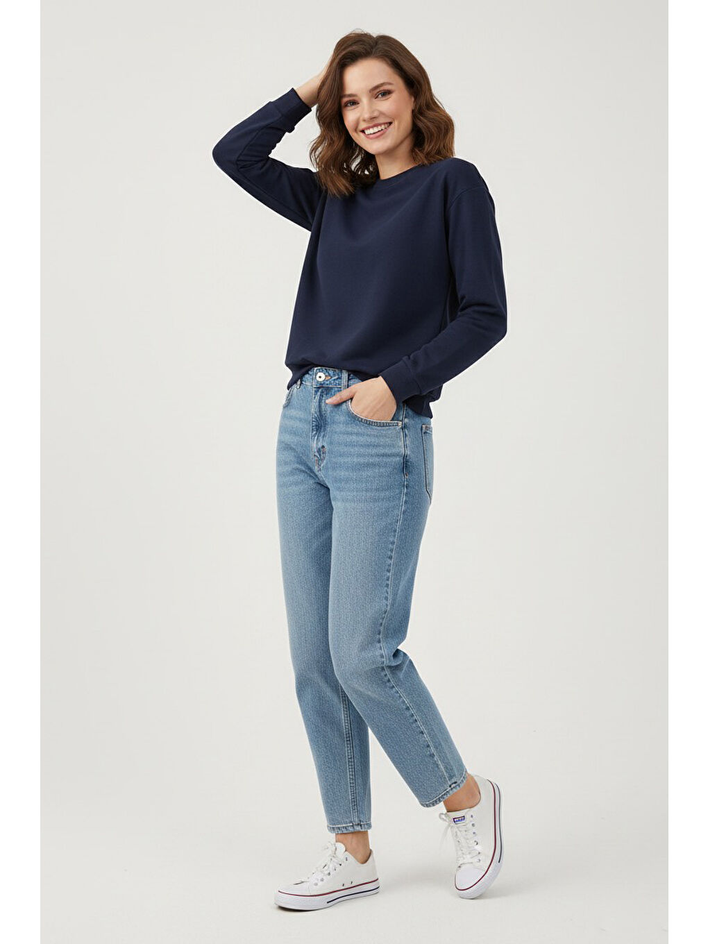 Kadın Bisiklet Yaka Oversize Sweatshirt Lacivert - 27955-LACIVERT-1