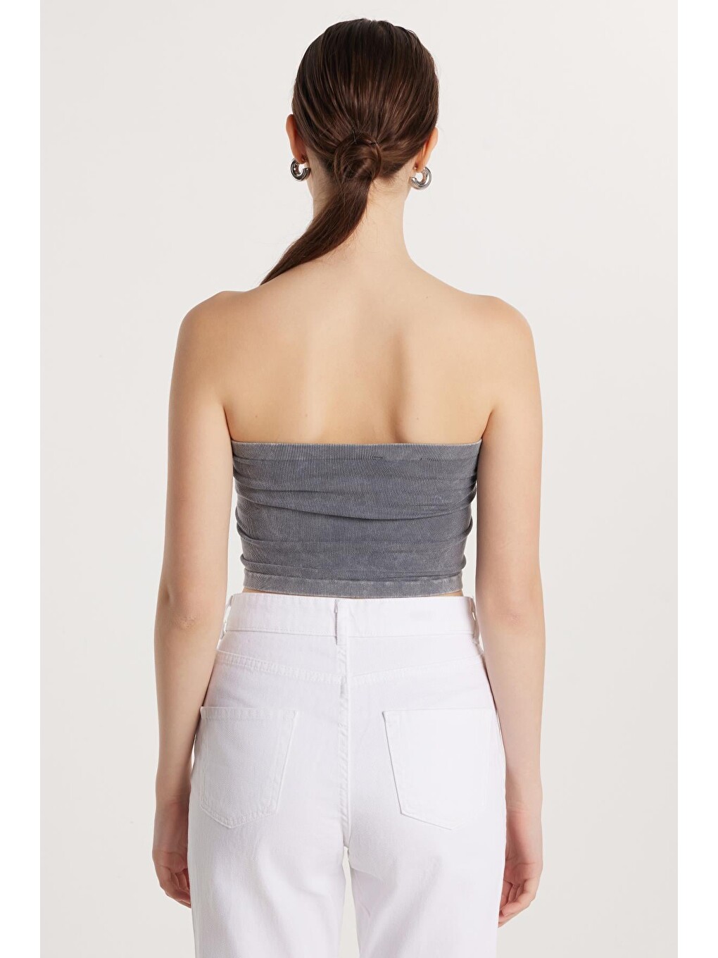 Kadın Slim Fit Pamuklu Straplez Düz Antrasit Bluz-4
