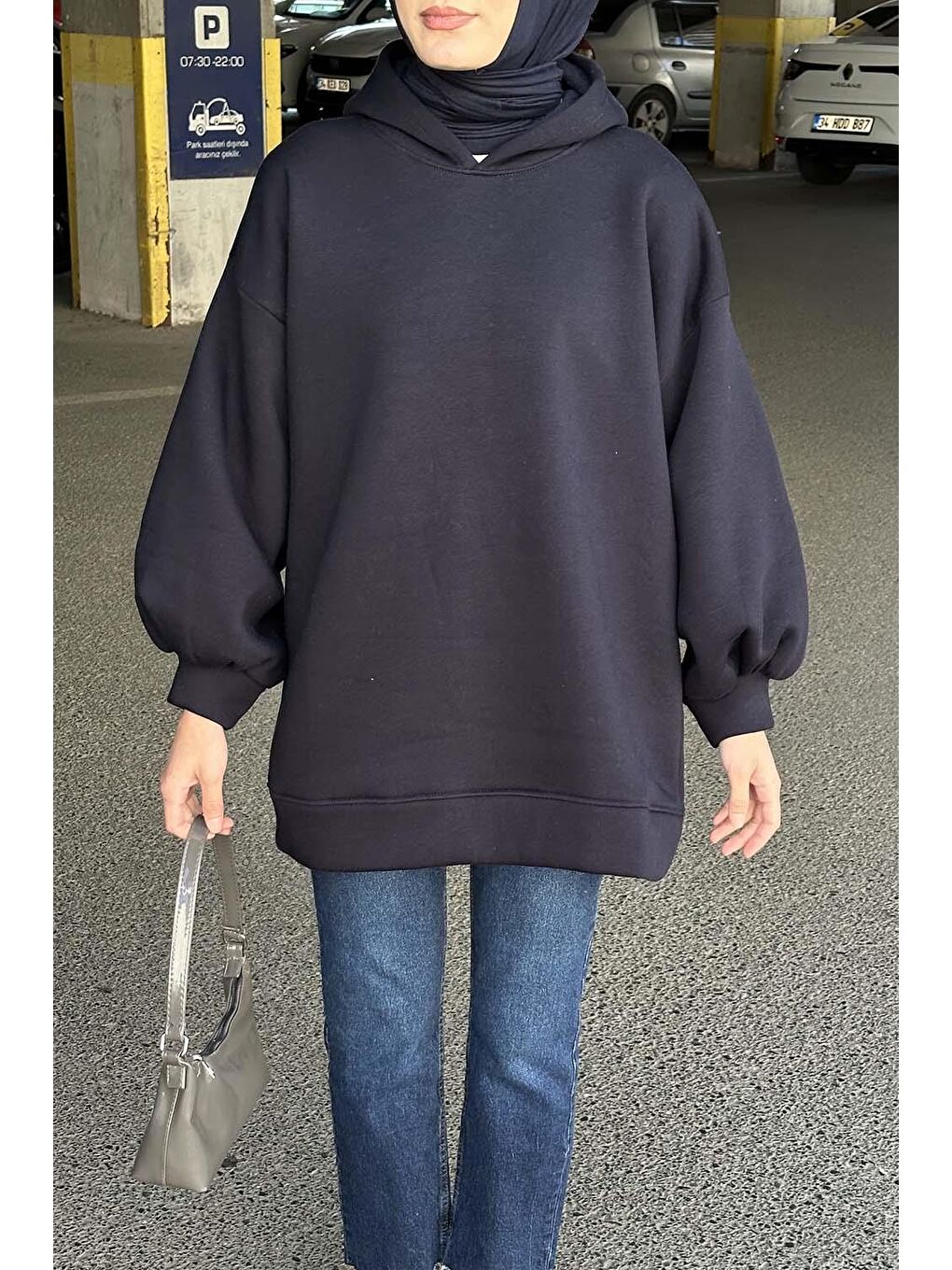 Üç İplik Balon Kol Sweatshirt Lacivert-2
