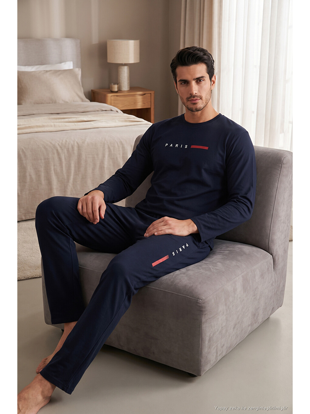 Lacivert Baskılı Pamuklu Uzun Kollu Pijama Takımı 6575006