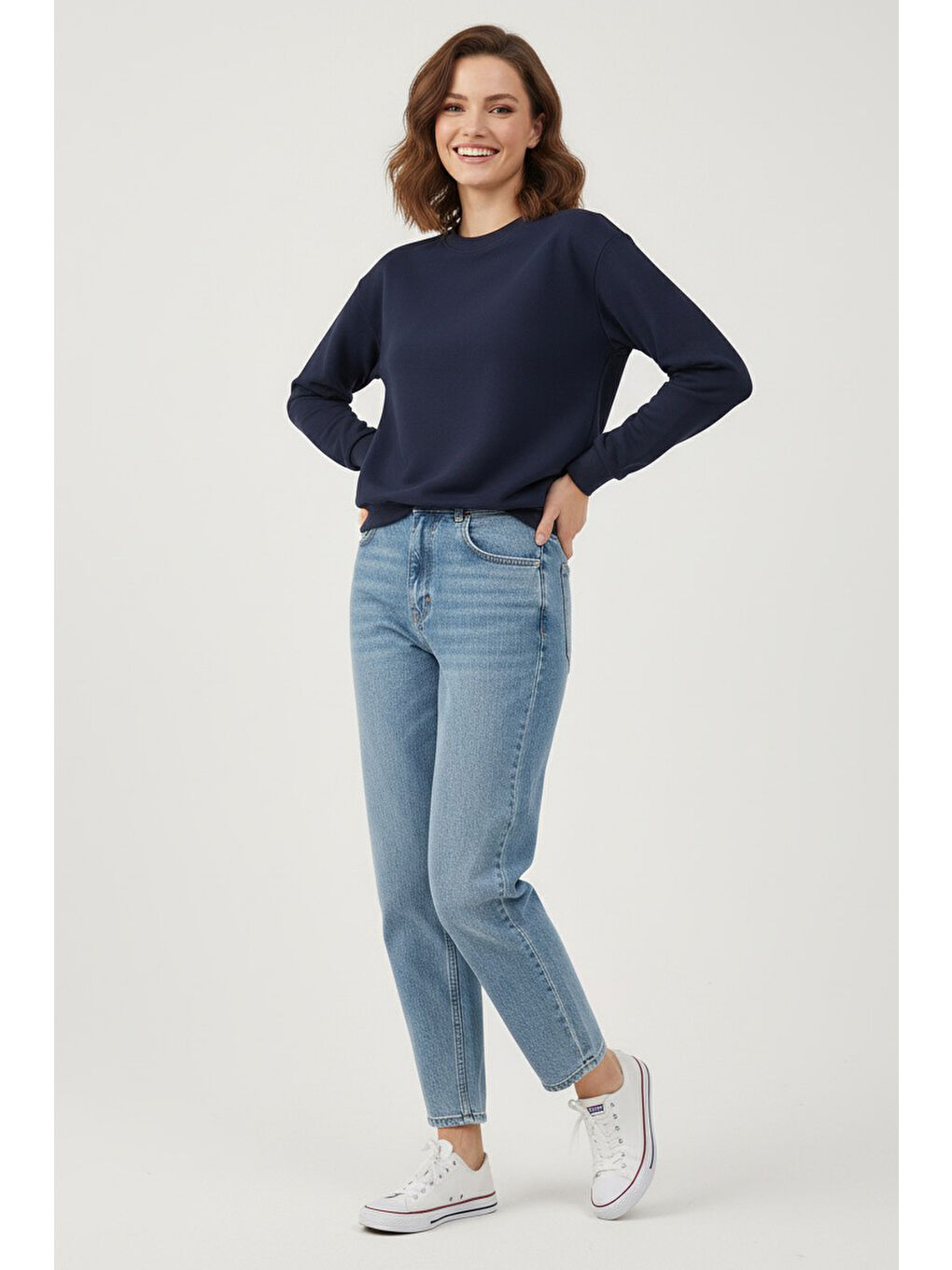 Kadın Bisiklet Yaka Oversize Sweatshirt Lacivert - 27955-LACIVERT-2