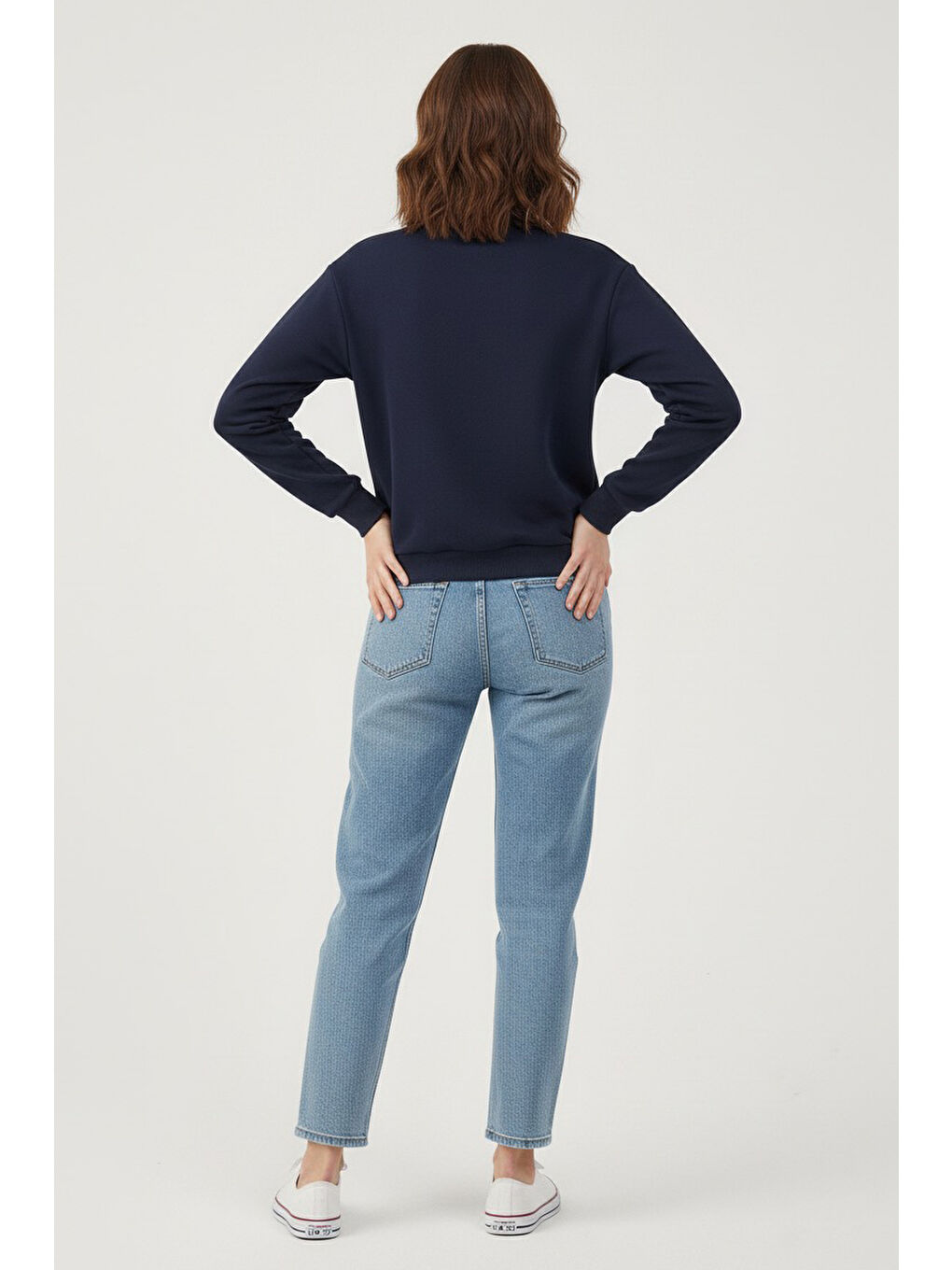 Kadın Bisiklet Yaka Oversize Sweatshirt Lacivert - 27955-LACIVERT-3