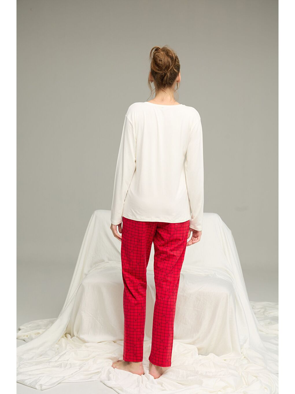 Ekru Desenli Örme Pamuklu Pijama Takım25240207-2