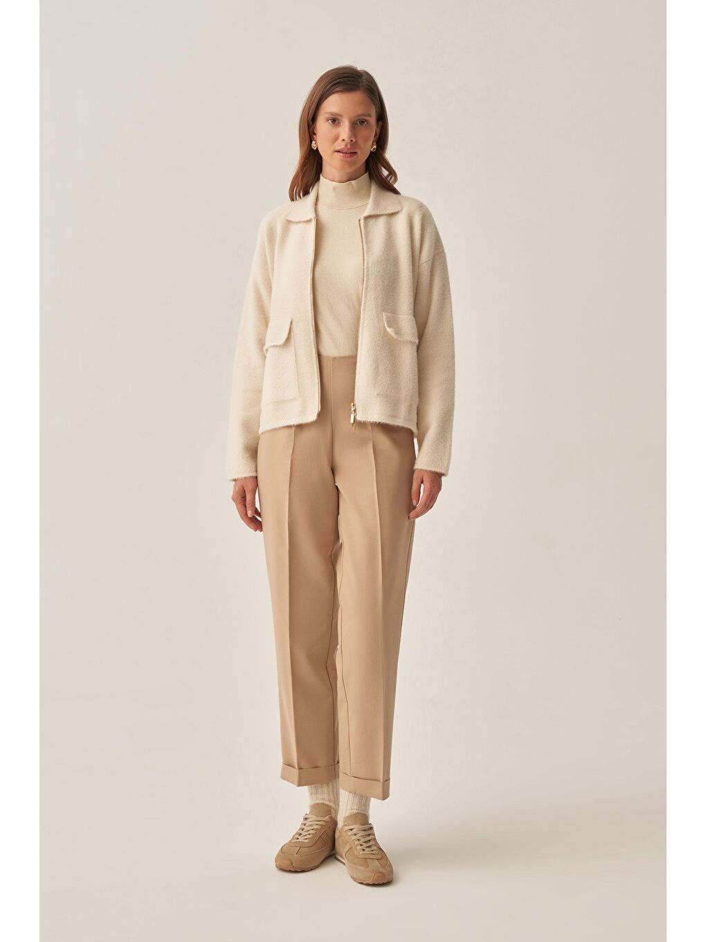 Bej-Bilek Boy Double Paça İnterlok Pantolon-1