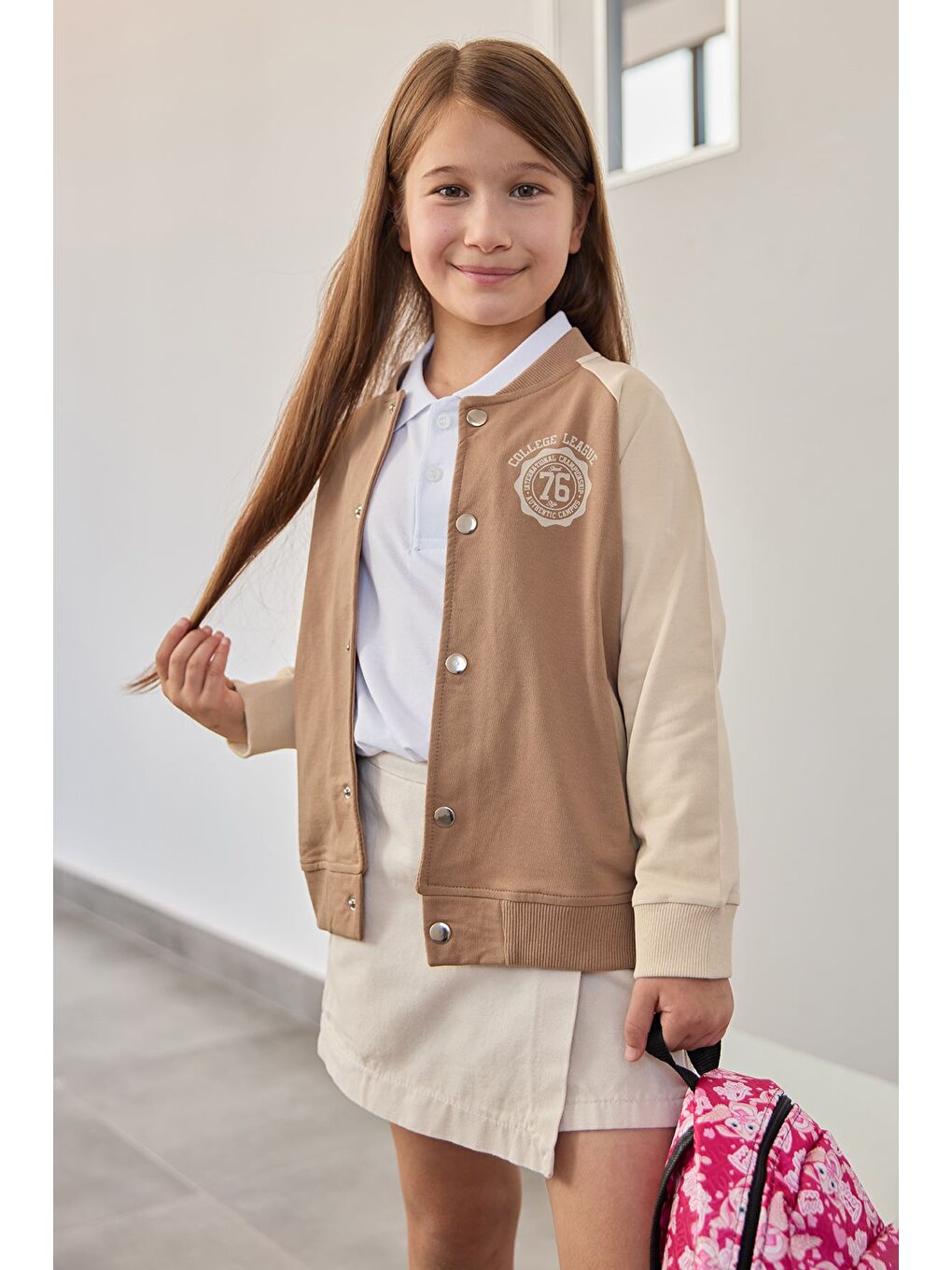 Kahverengi Baskılı Dik Yaka Kız Çocuk Kolej Ceket-3