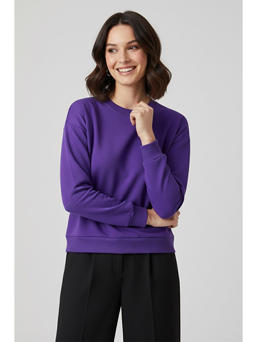 Kadın Bisiklet Yaka Oversize Sweatshirt Mor - 27955-MOR