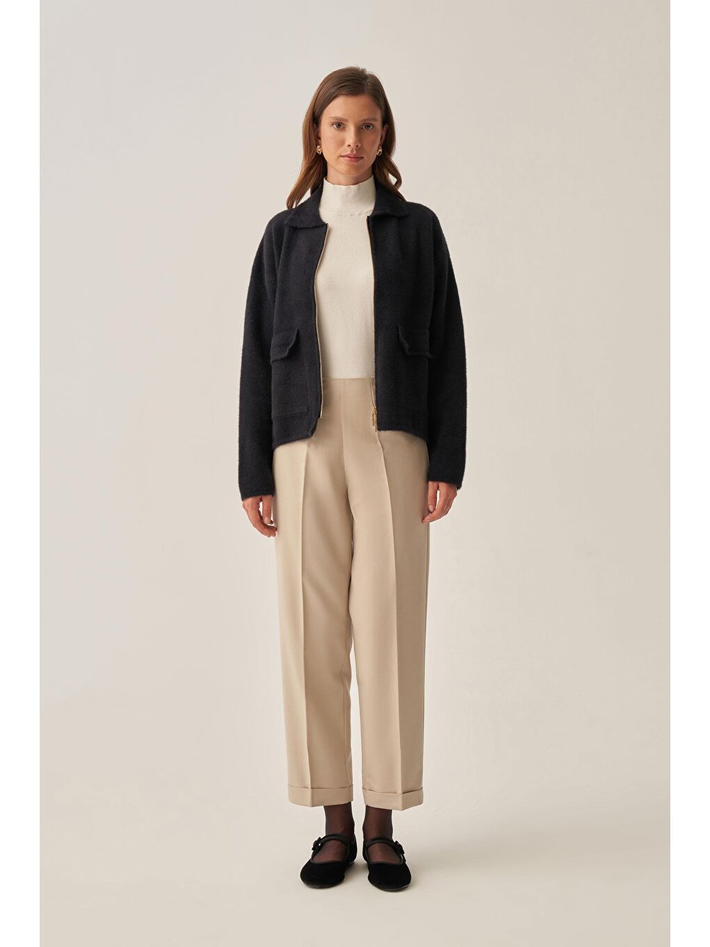 Bej Taş-Bilek Boy Double Paça İnterlok Pantolon-1