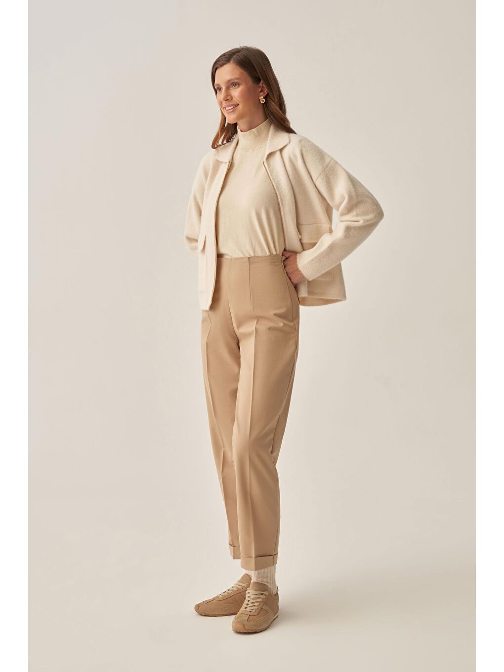 Bej-Bilek Boy Double Paça İnterlok Pantolon-2