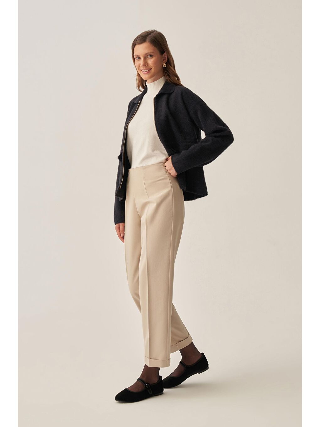 Bej Taş-Bilek Boy Double Paça İnterlok Pantolon-2